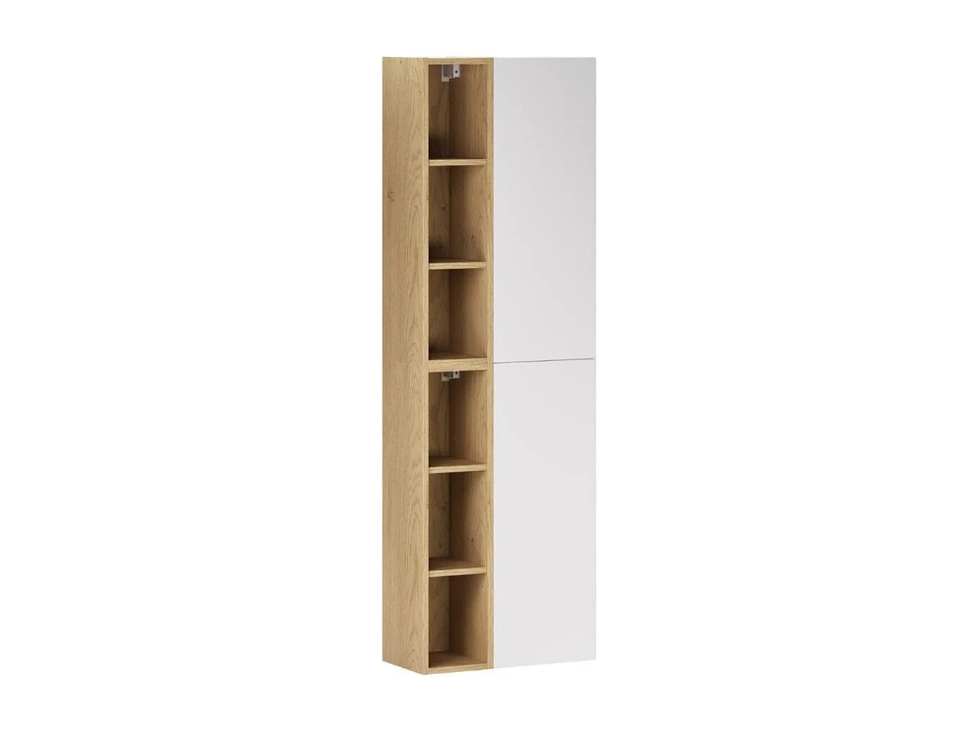 Meubles de rangement modulables OSTER 50cm – meubles suspendus blanc mat 1 porte et 6 niches visibles aspect chêne clair