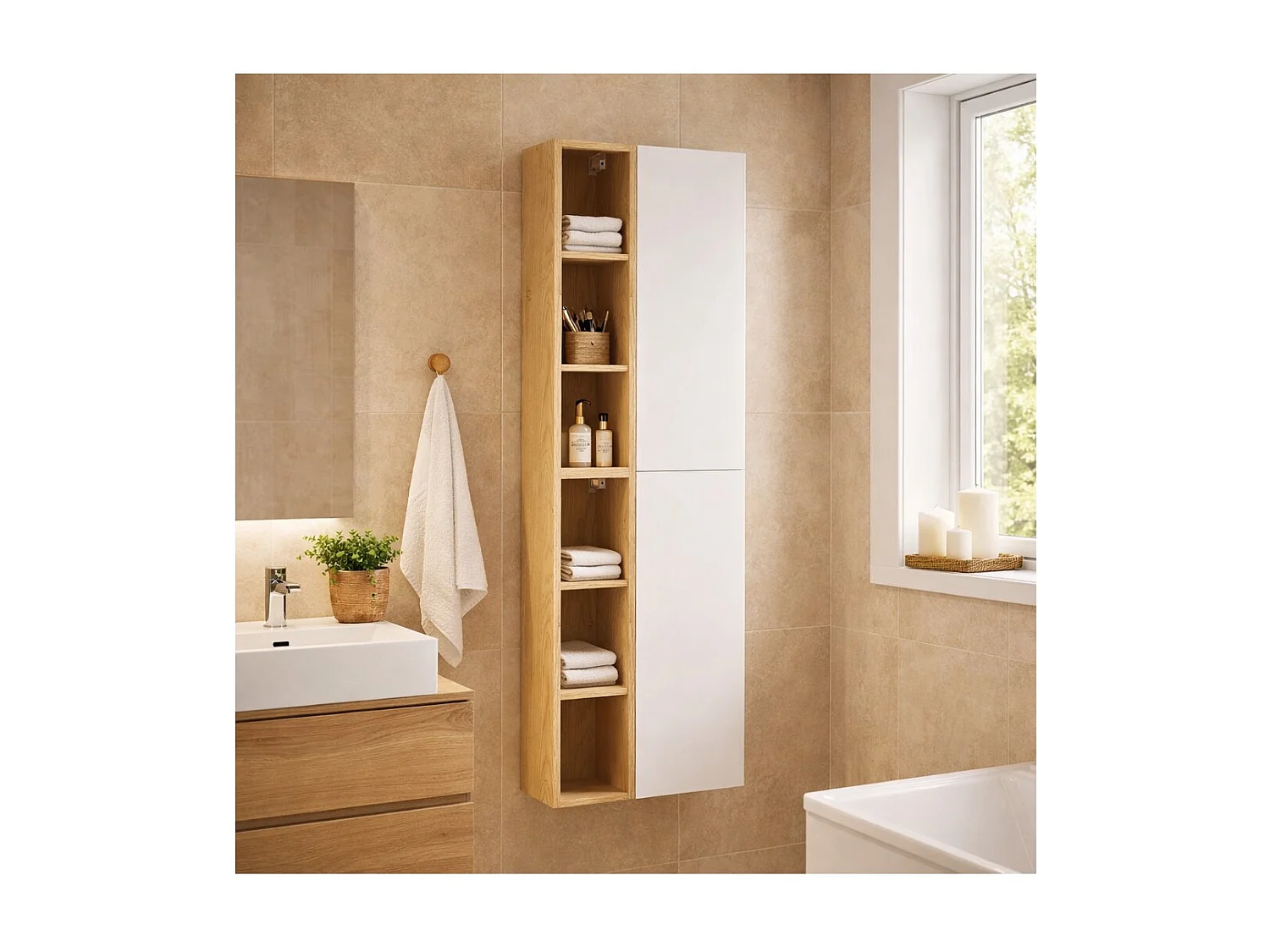 Meubles de rangement modulables OSTER 50cm – meubles suspendus blanc mat 1 porte et 6 niches visibles aspect chêne clair