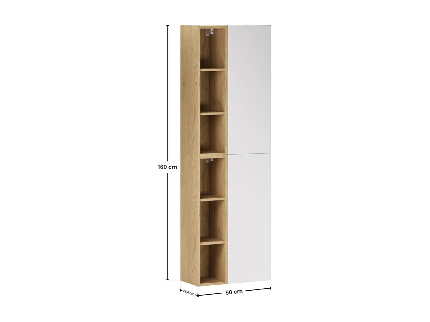 Meubles de rangement modulables OSTER 50cm – meubles suspendus blanc mat 1 porte et 6 niches visibles aspect chêne clair
