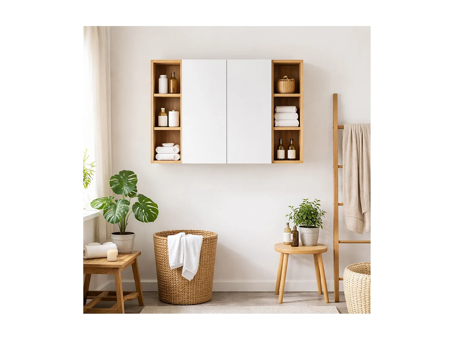 Meubles de rangement modulables OSTER 50cm – meubles suspendus blanc mat 1 porte et 6 niches visibles aspect chêne clair