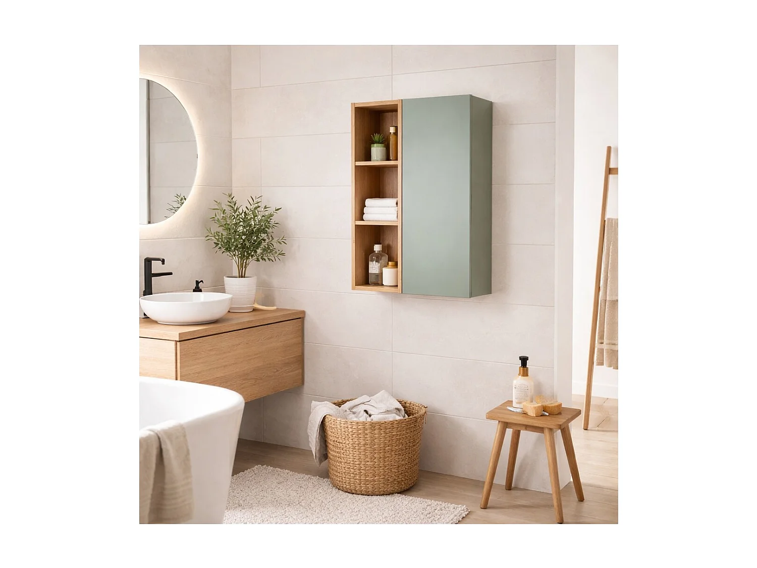 Meuble de rangement OSTER 50cm – meuble suspendu vert sauge 1 porte et 3 niches visibles aspect chêne clair