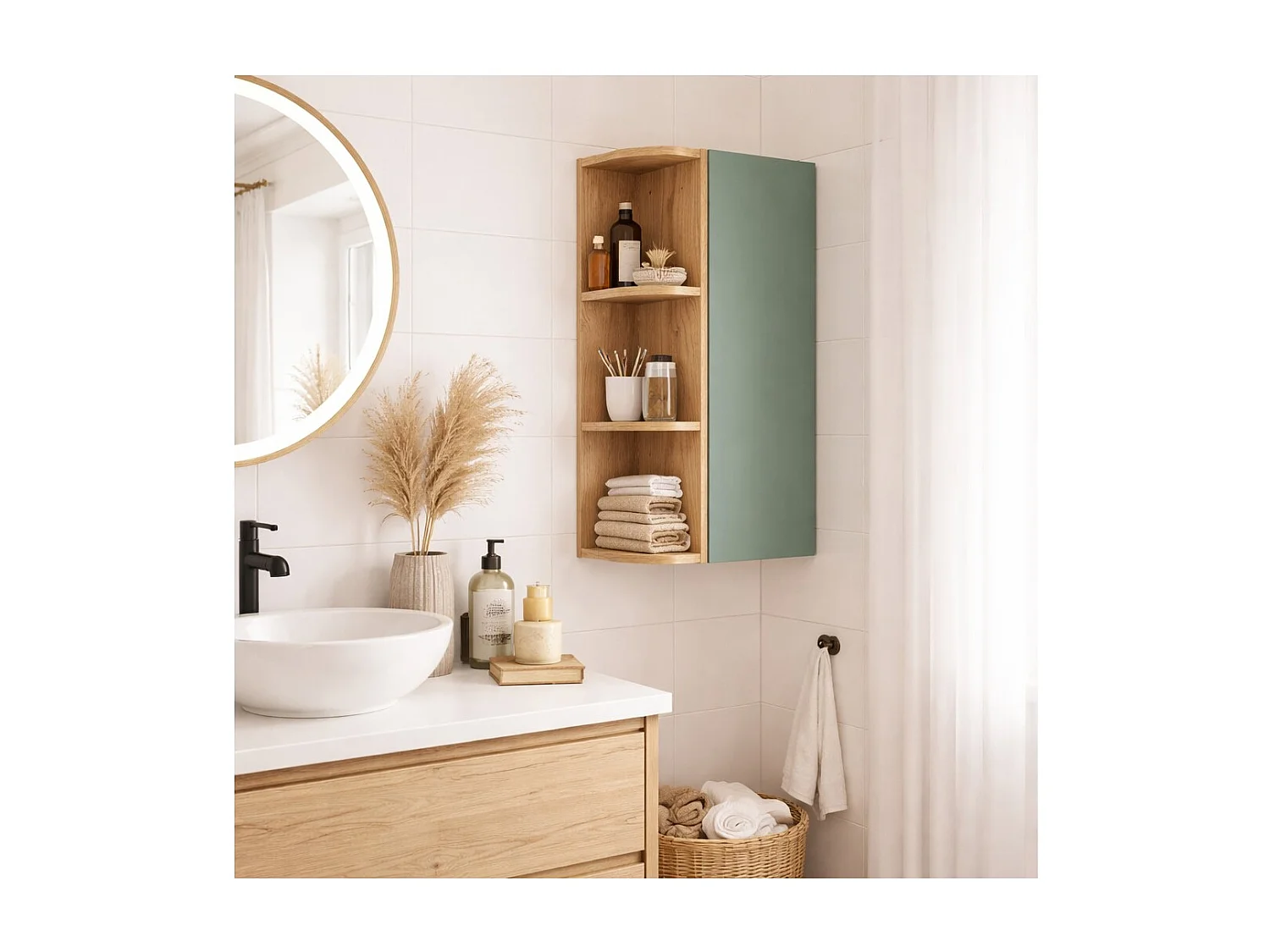 Meuble de rangement OSTER 45cm – meuble suspendu vert sauge 1 porte et 3 niches visibles arrondies aspect chêne clair