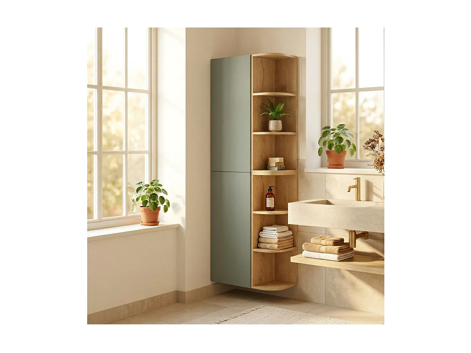 Meubles de rangement modulables OSTER 45cm – meubles suspendus vert sauge 1 porte et 6 niches arrondies aspect chêne clair