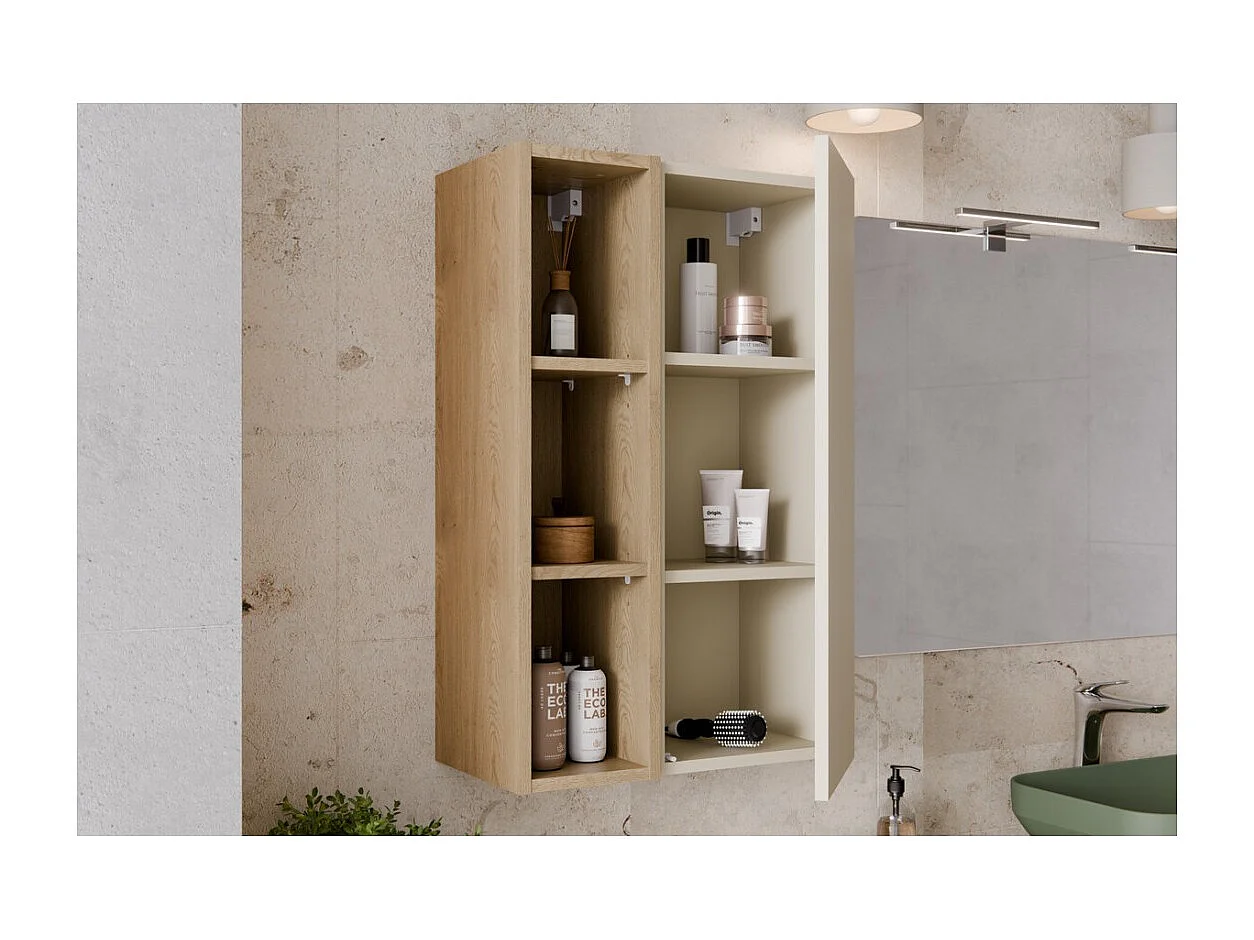 Meuble de rangement OSTER 50cm – meuble suspendu blanc mat 1 porte et 3 niches visibles aspect chêne clair