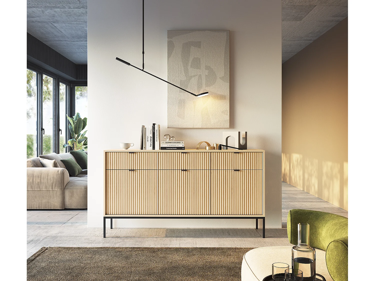 Komoda: 3 szuflady, 3 drzwi, Dąb Vincenza, stelaż czarny, 154 x 83 x 39 cm, uchwyty czarne