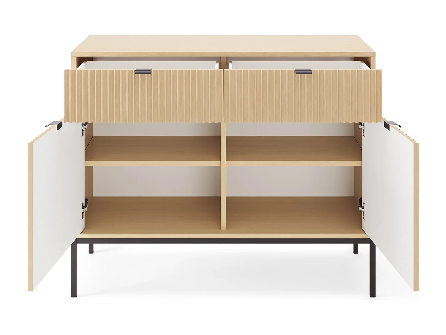 Commode : 2 Tiroirs, 2 Portes, chêne Vincenza, Noir, 104 x 83 x 39 cm, poignées Noires