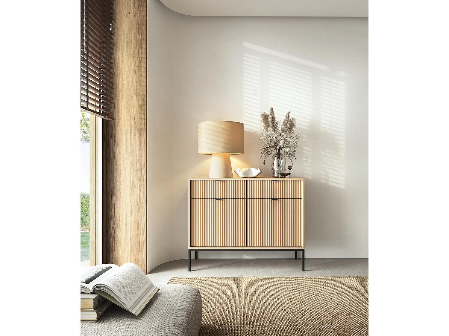 Commode : 2 Tiroirs, 2 Portes, chêne Vincenza, Noir, 104 x 83 x 39 cm, poignées Noires