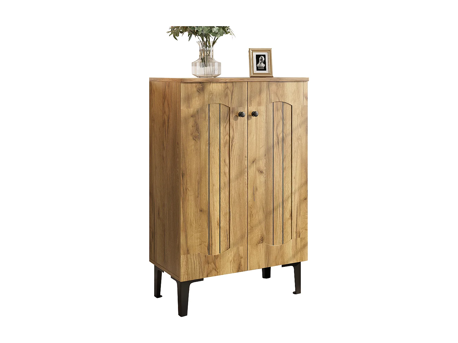 Modern shoe cabinet - 60 x 31.5 x 95 cm - with 2 doors and multi-level shelves - particleboard - natural