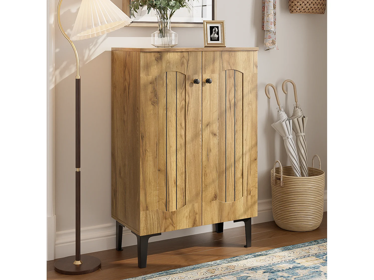 Modern shoe cabinet - 60 x 31.5 x 95 cm - with 2 doors and multi-level shelves - particleboard - natural
