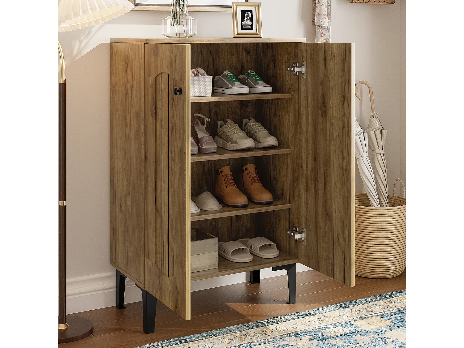 Modern shoe cabinet - 60 x 31.5 x 95 cm - with 2 doors and multi-level shelves - particleboard - natural