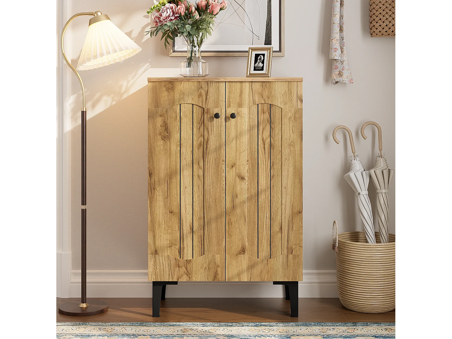 Modern shoe cabinet - 60 x 31.5 x 95 cm - with 2 doors and multi-level shelves - particleboard - natural
