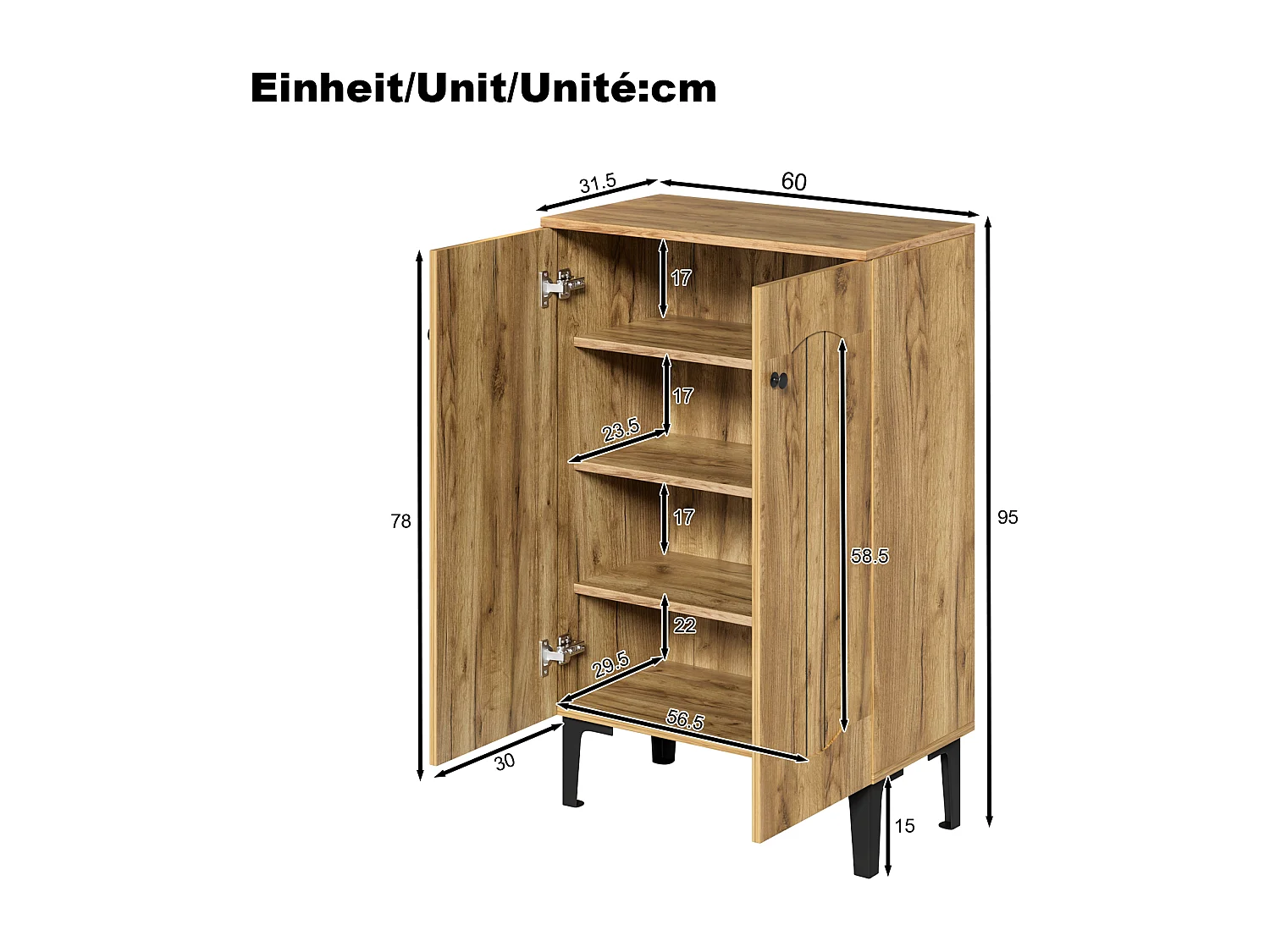Modern shoe cabinet - 60 x 31.5 x 95 cm - with 2 doors and multi-level shelves - particleboard - natural