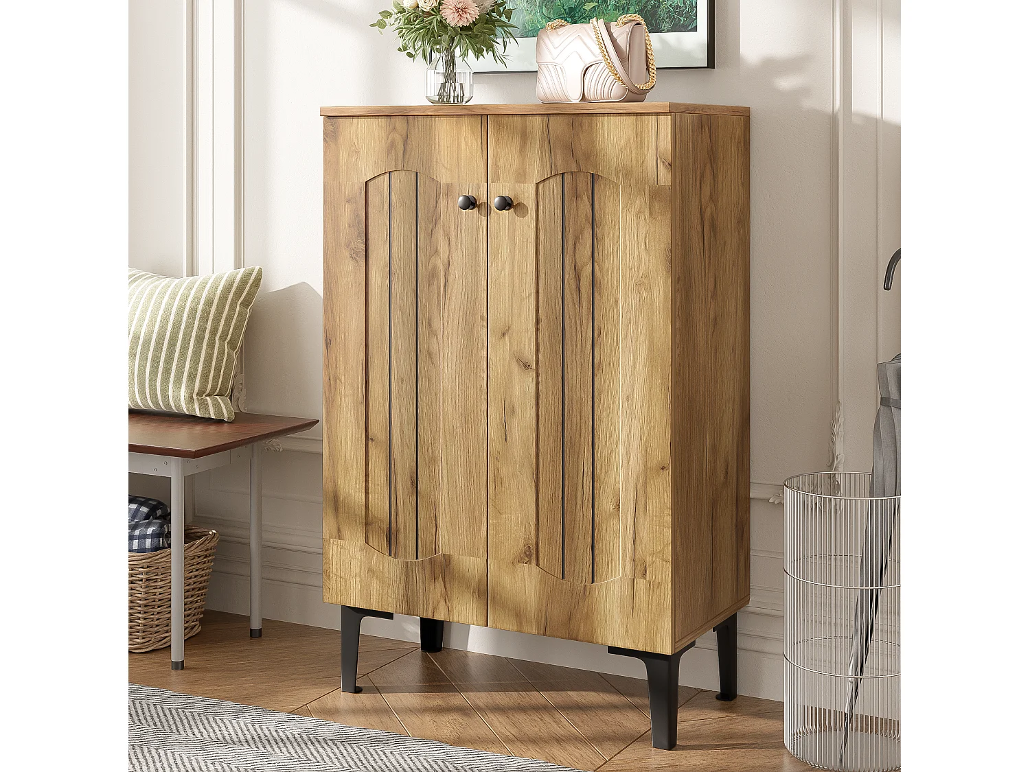 Modern shoe cabinet - 60 x 31.5 x 95 cm - with 2 doors and multi-level shelves - particleboard - natural