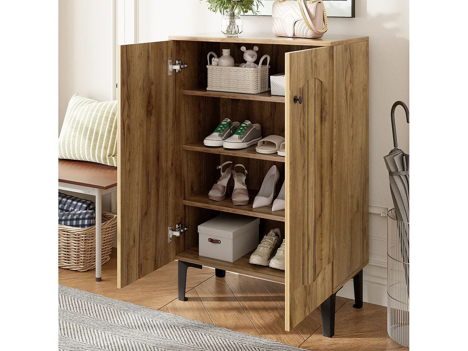 Modern shoe cabinet - 60 x 31.5 x 95 cm - with 2 doors and multi-level shelves - particleboard - natural