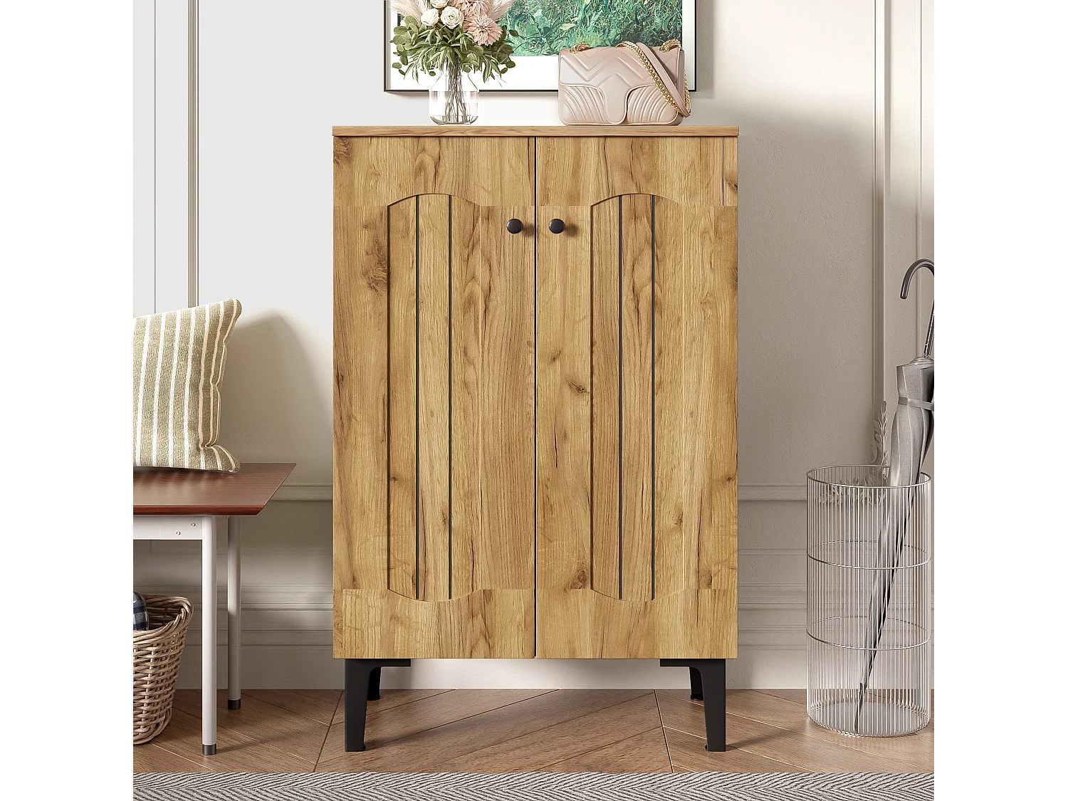 Modern shoe cabinet - 60 x 31.5 x 95 cm - with 2 doors and multi-level shelves - particleboard - natural