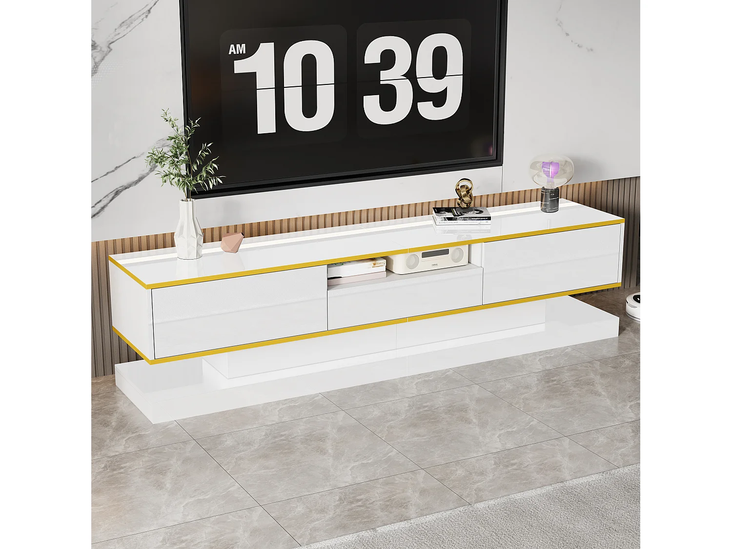 Modern TV stand - 180 x 38 x 45 cm - with 3 drawers - glossy finish + LEDs - particleboard - white