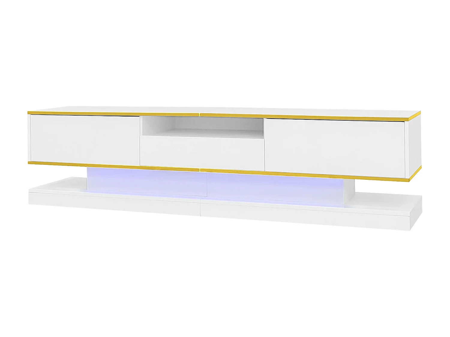 Modern TV stand - 180 x 38 x 45 cm - with 3 drawers - glossy finish + LEDs - particleboard - white