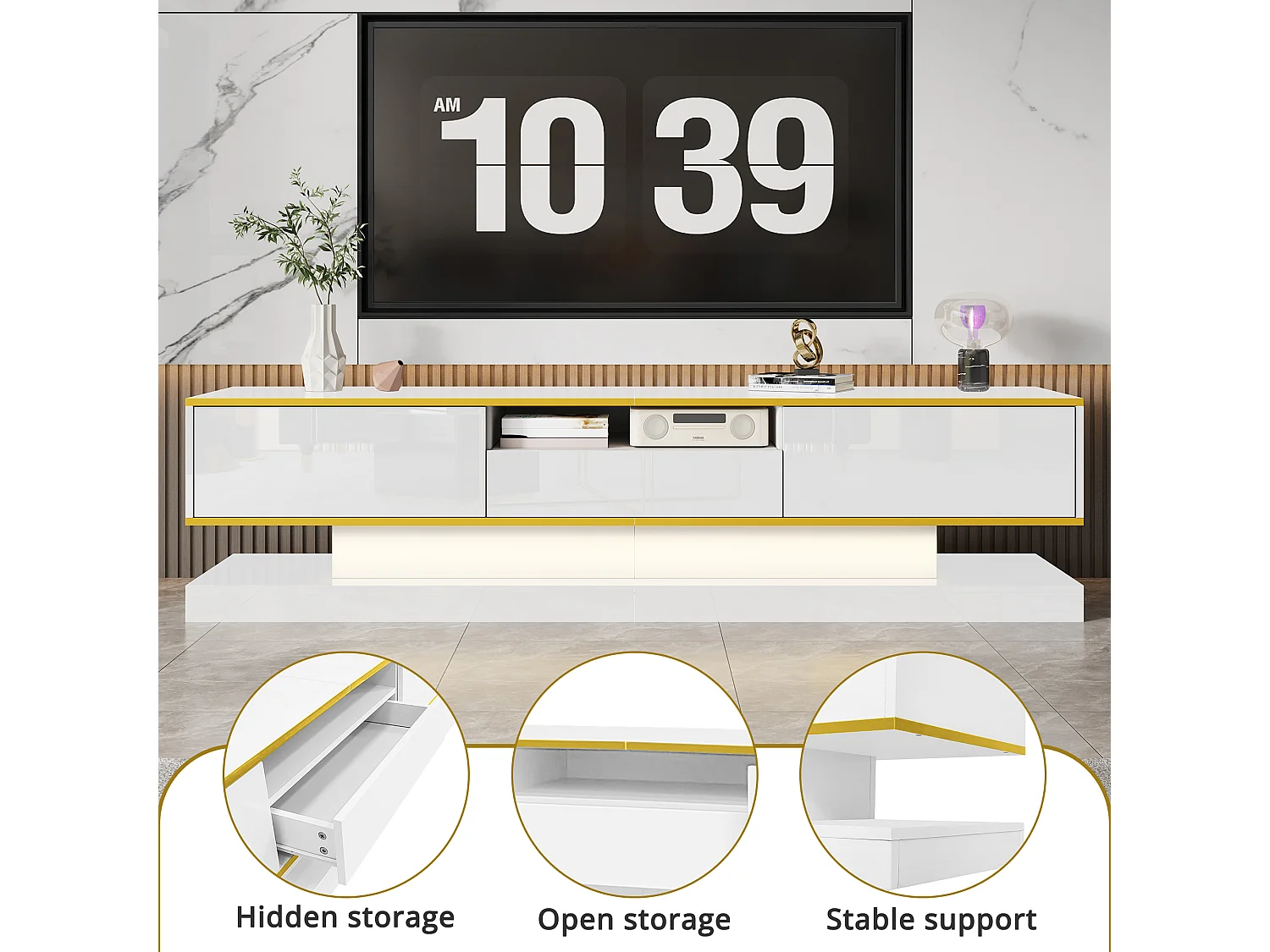Modern TV stand - 180 x 38 x 45 cm - with 3 drawers - glossy finish + LEDs - particleboard - white