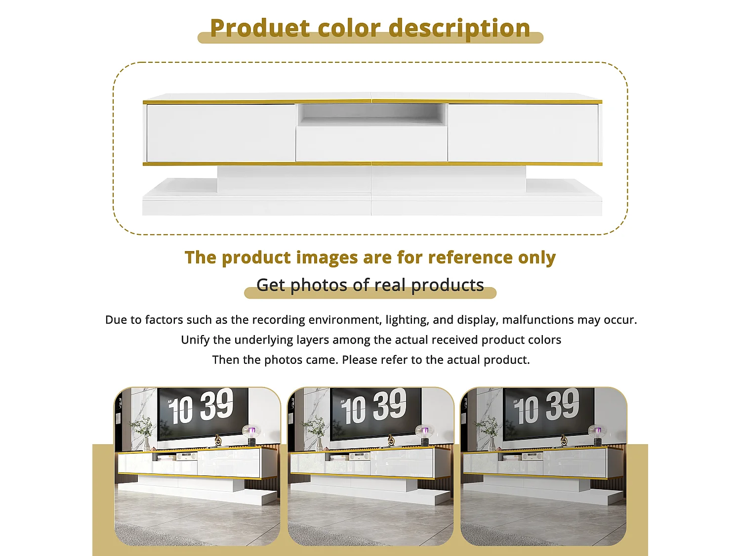 Modern TV stand - 180 x 38 x 45 cm - with 3 drawers - glossy finish + LEDs - particleboard - white