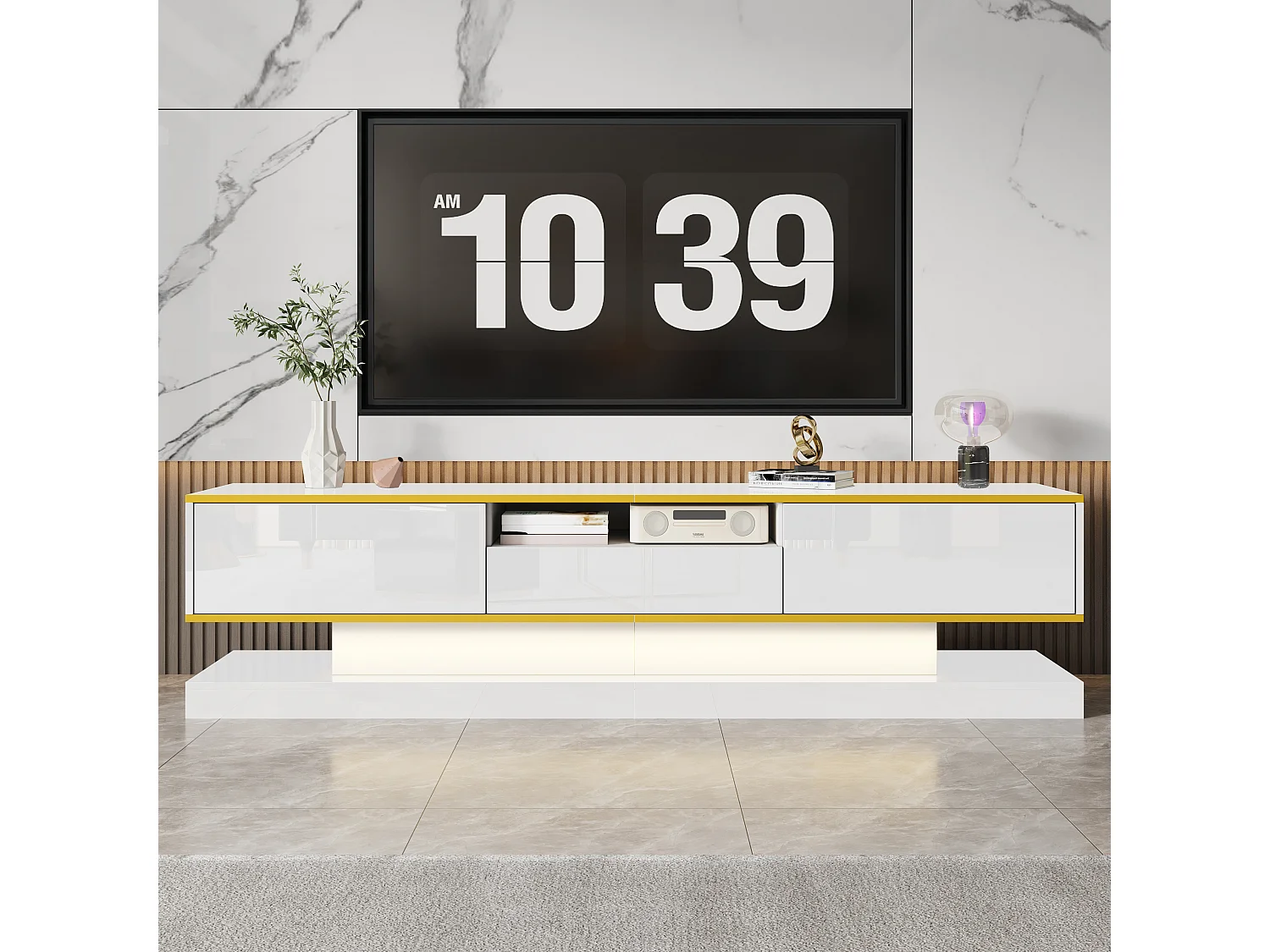 Modern TV stand - 180 x 38 x 45 cm - with 3 drawers - glossy finish + LEDs - particleboard - white