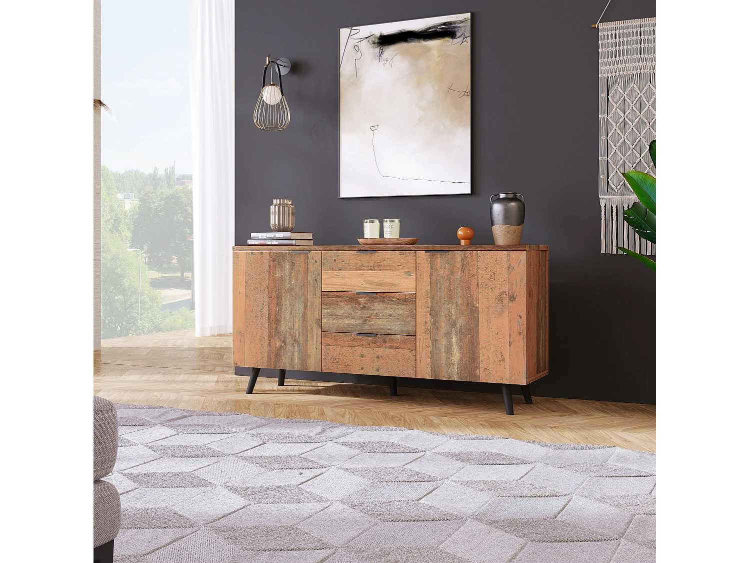 Low sideboard - 2 doors and 3 drawers - Particleboard - Industrial style - Brown color