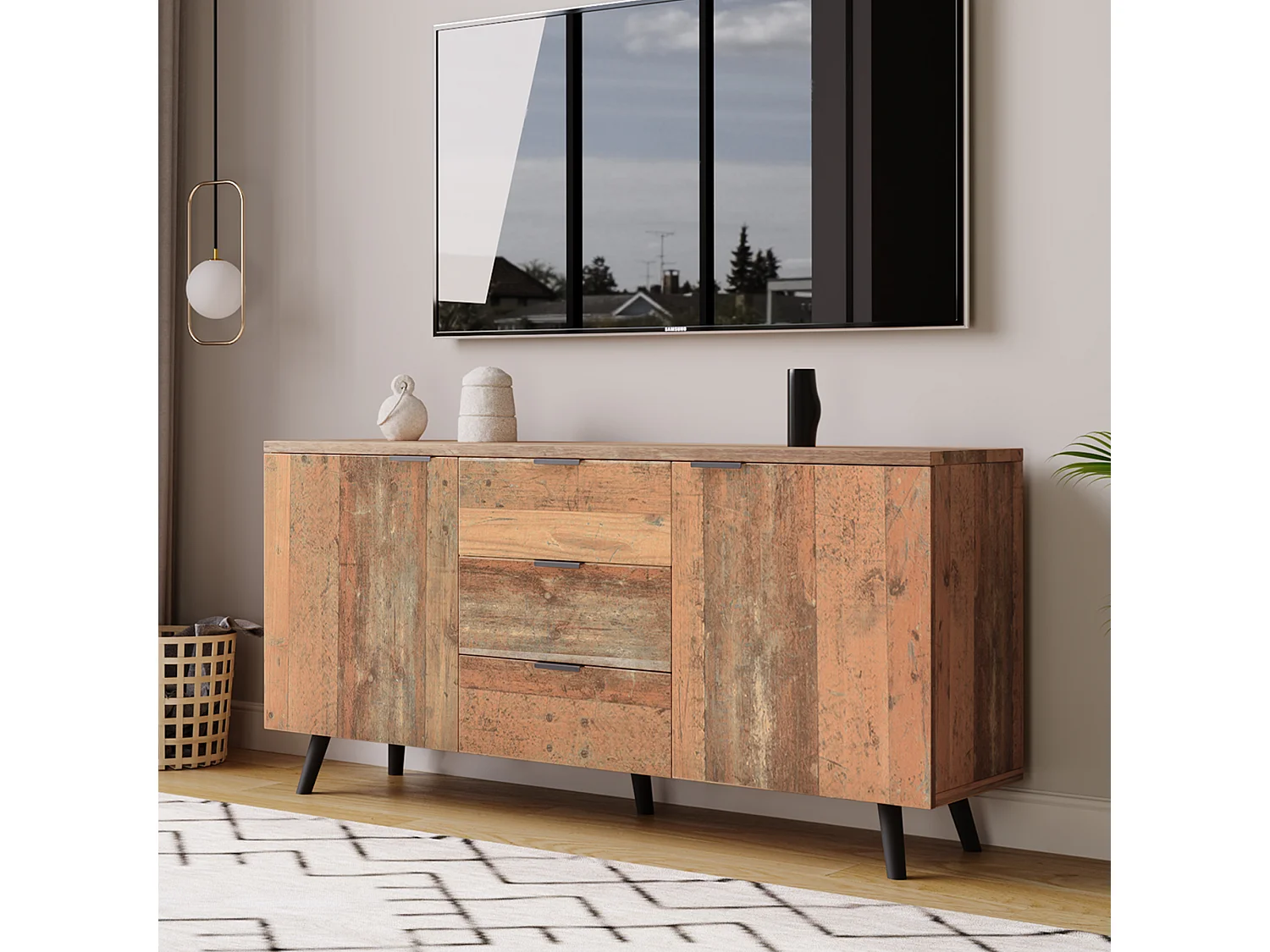Low sideboard - 2 doors and 3 drawers - Particleboard - Industrial style - Brown color