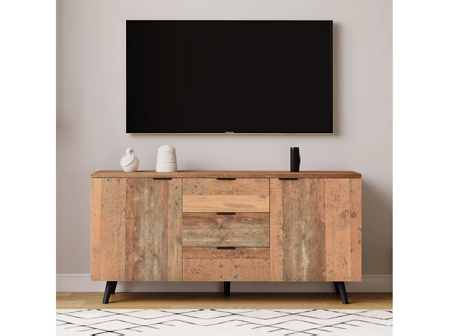 Low sideboard - 2 doors and 3 drawers - Particleboard - Industrial style - Brown color