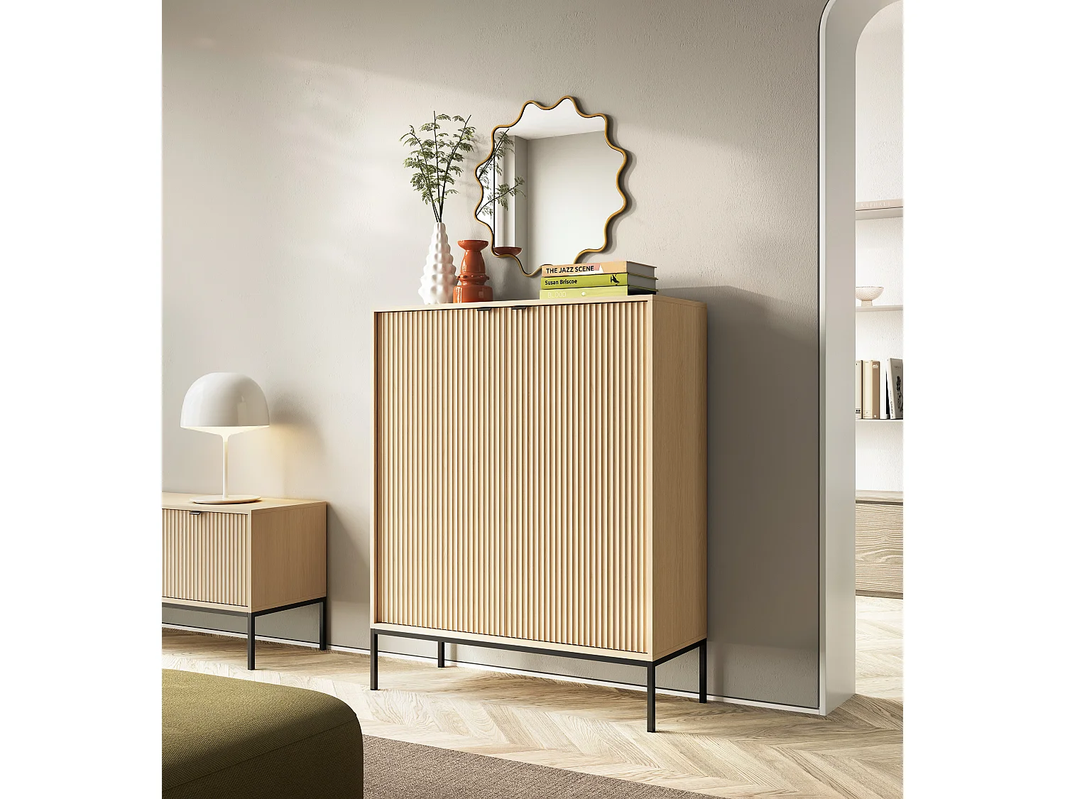 Commode : 2 Portes, chêne Vicenza, Noir, 104 x 125 x 39 cm, poignées Noires