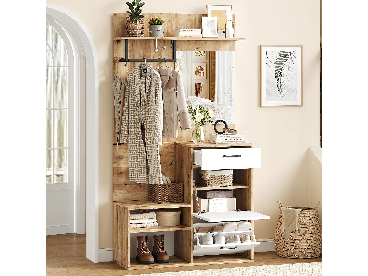 Wardrobe with mirror - 100 x 38.5 x 190 cm - with shoe cabinet + 1 drawer + 1 cupboard - chipboard - natural