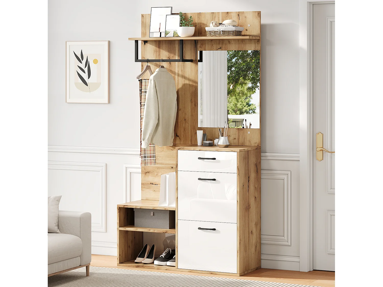 Wardrobe with mirror - 100 x 38.5 x 190 cm - with shoe cabinet + 1 drawer + 1 cupboard - chipboard - natural