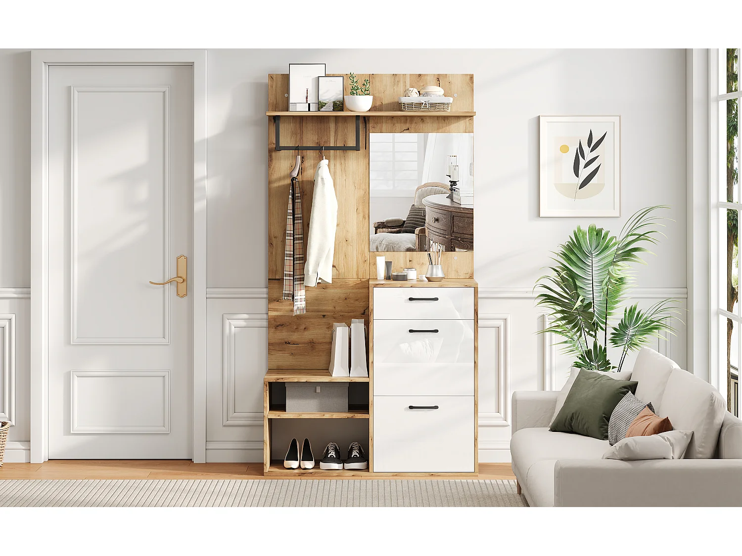 Wardrobe with mirror - 100 x 38.5 x 190 cm - with shoe cabinet + 1 drawer + 1 cupboard - chipboard - natural