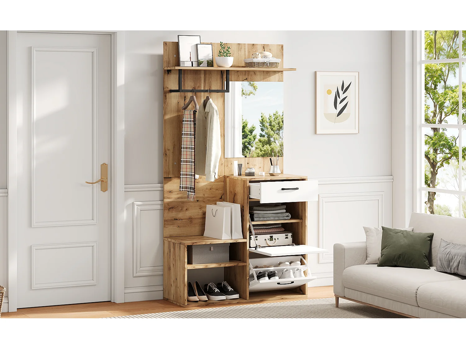 Wardrobe with mirror - 100 x 38.5 x 190 cm - with shoe cabinet + 1 drawer + 1 cupboard - chipboard - natural