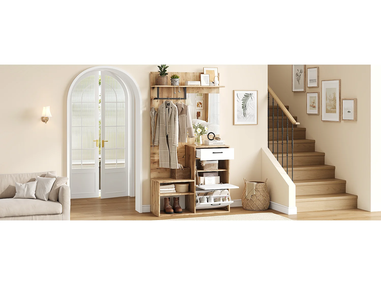 Wardrobe with mirror - 100 x 38.5 x 190 cm - with shoe cabinet + 1 drawer + 1 cupboard - chipboard - natural