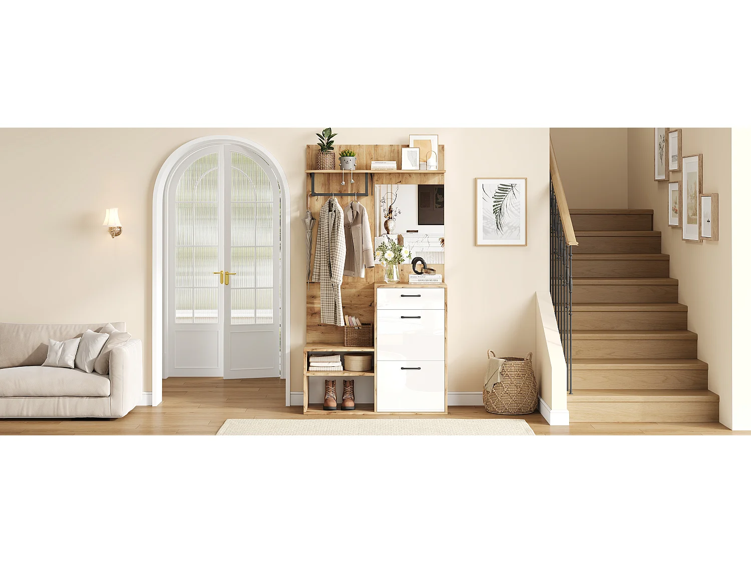 Wardrobe with mirror - 100 x 38.5 x 190 cm - with shoe cabinet + 1 drawer + 1 cupboard - chipboard - natural