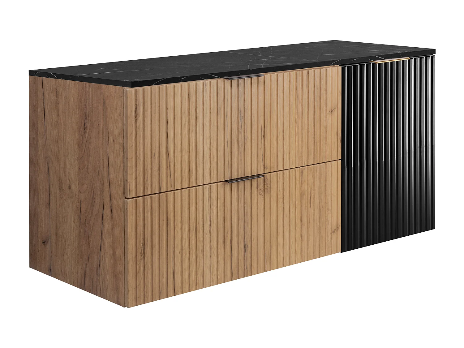 Wandhängender Badezimmerschrank, Eiche Craft / schwarze Marmorplatte (MDF), 120 x 57 x 46 cm