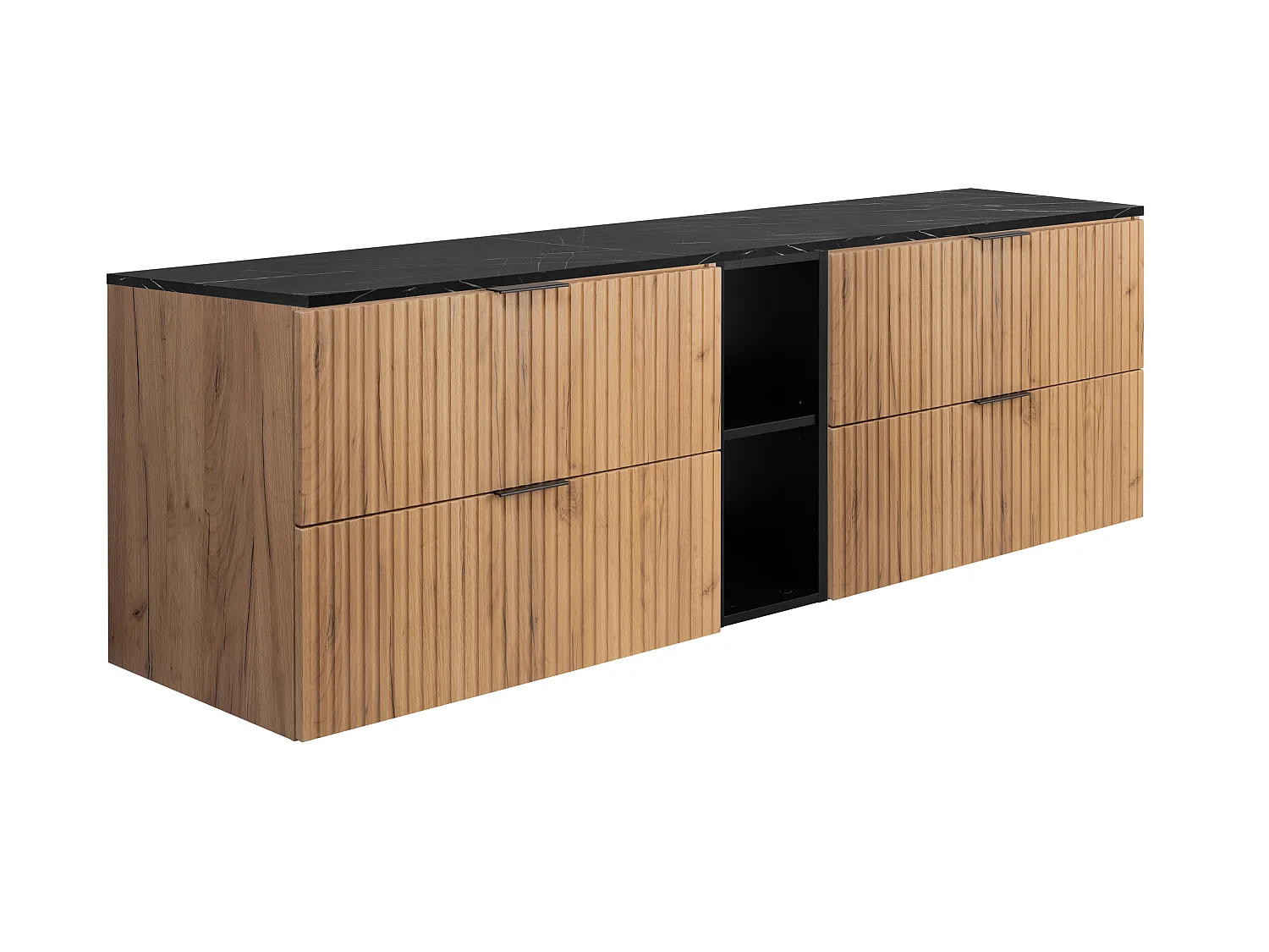 Wandhängender Badezimmerschrank, Eiche Craft / schwarze Marmorplatte (MDF), 180 x 57 x 46 cm