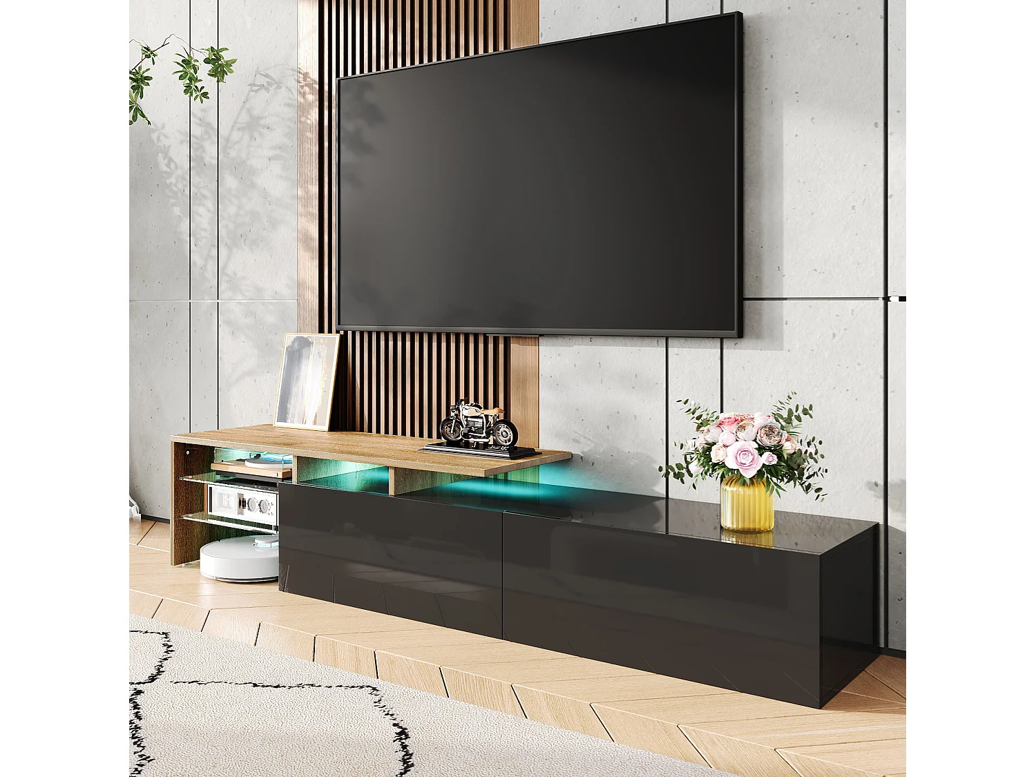 Modern TV stand - 170 x 33 x 33.5 cm - with 2 drawers + glass shelves + LEDs - particleboard - black