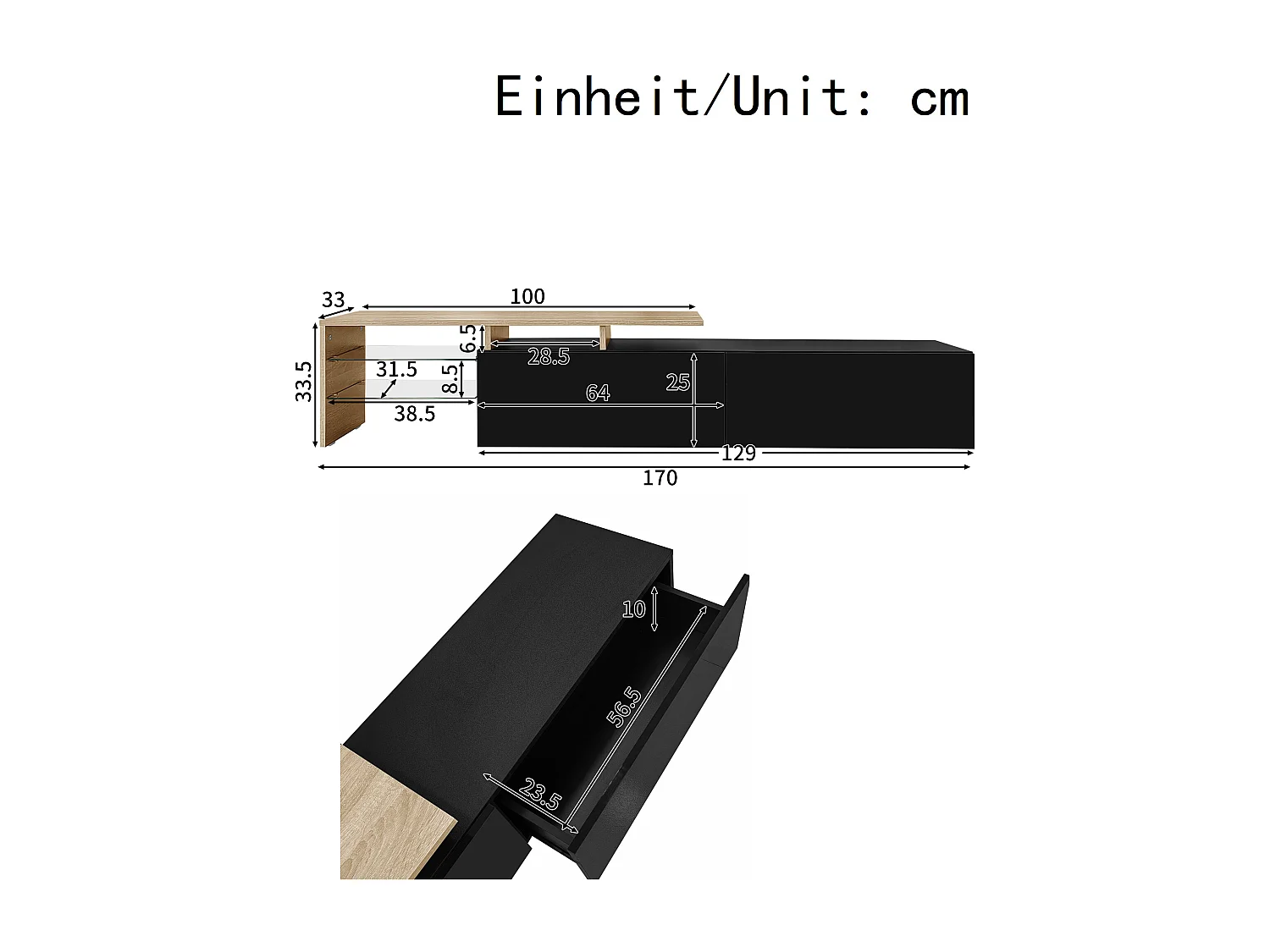 Modern TV stand - 170 x 33 x 33.5 cm - with 2 drawers + glass shelves + LEDs - particleboard - black
