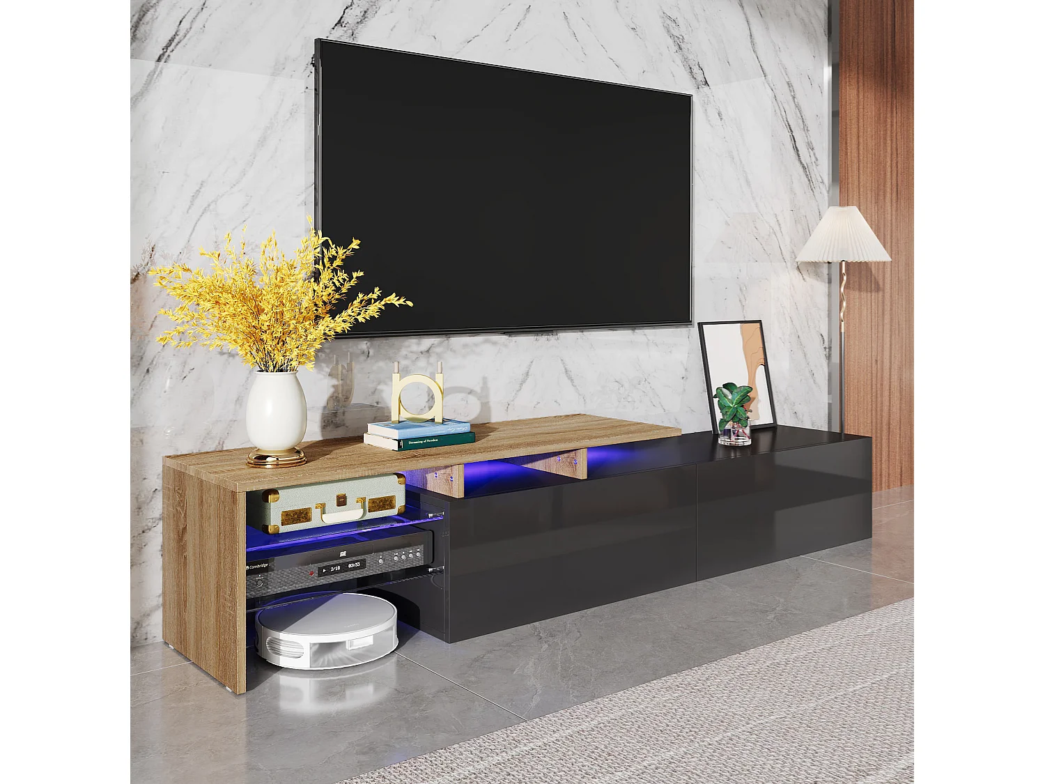 Modern TV stand - 170 x 33 x 33.5 cm - with 2 drawers + glass shelves + LEDs - particleboard - black