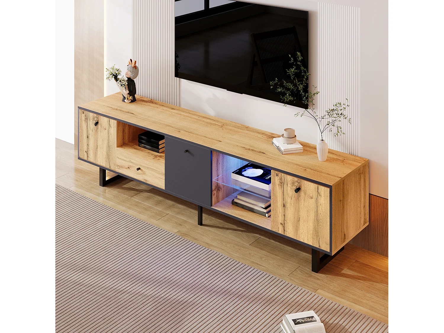 TV unit with 3 doors, 1 drawer & 3 shelves - LEDs - Particleboard and metal legs - Oak
