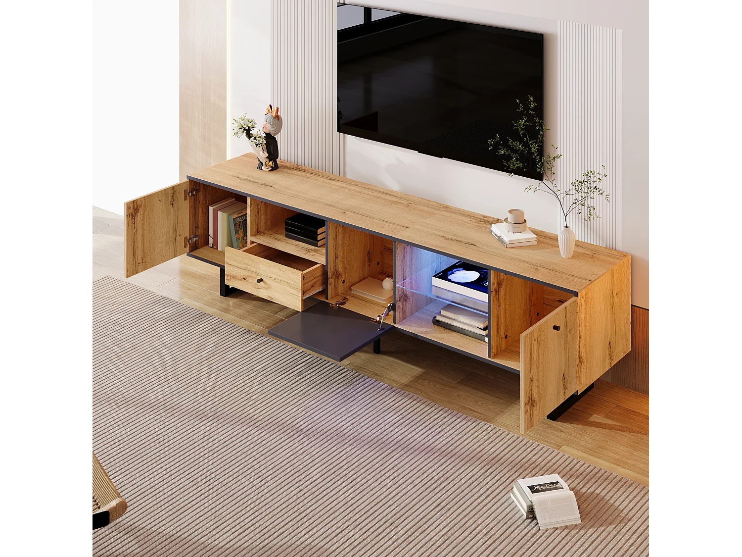 TV unit with 3 doors, 1 drawer & 3 shelves - LEDs - Particleboard and metal legs - Oak