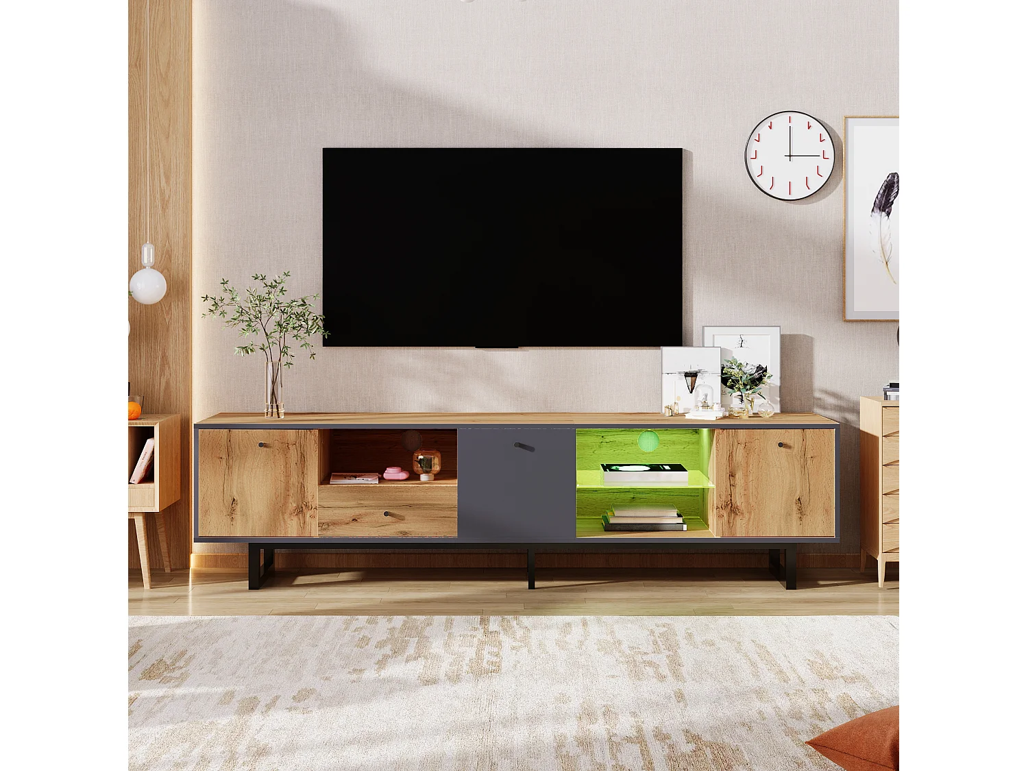 TV unit with 3 doors, 1 drawer & 3 shelves - LEDs - Particleboard and metal legs - Oak