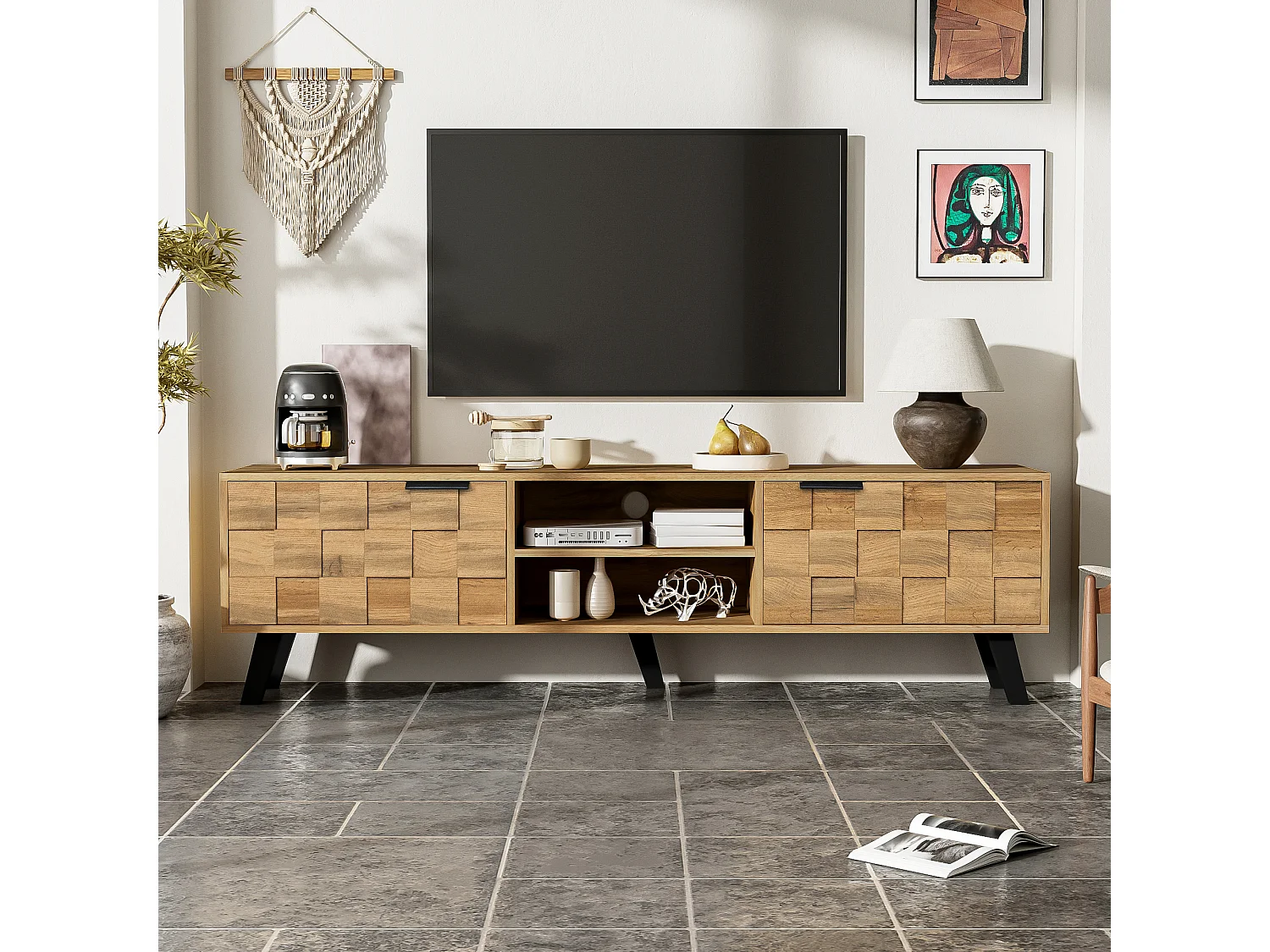Modern TV stand with 2 doors and 2 open compartments - 160.5 x 35.5 x 45 cm - Particleboard - Wood color