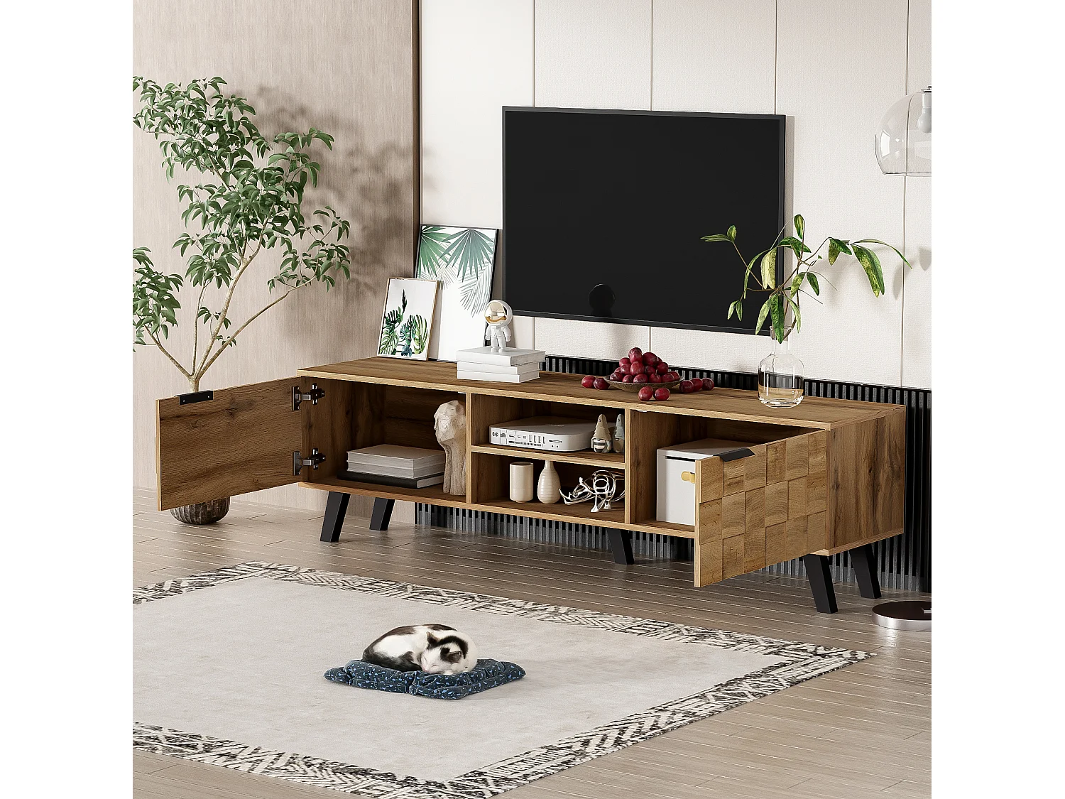 Modern TV stand with 2 doors and 2 open compartments - 160.5 x 35.5 x 45 cm - Particleboard - Wood color