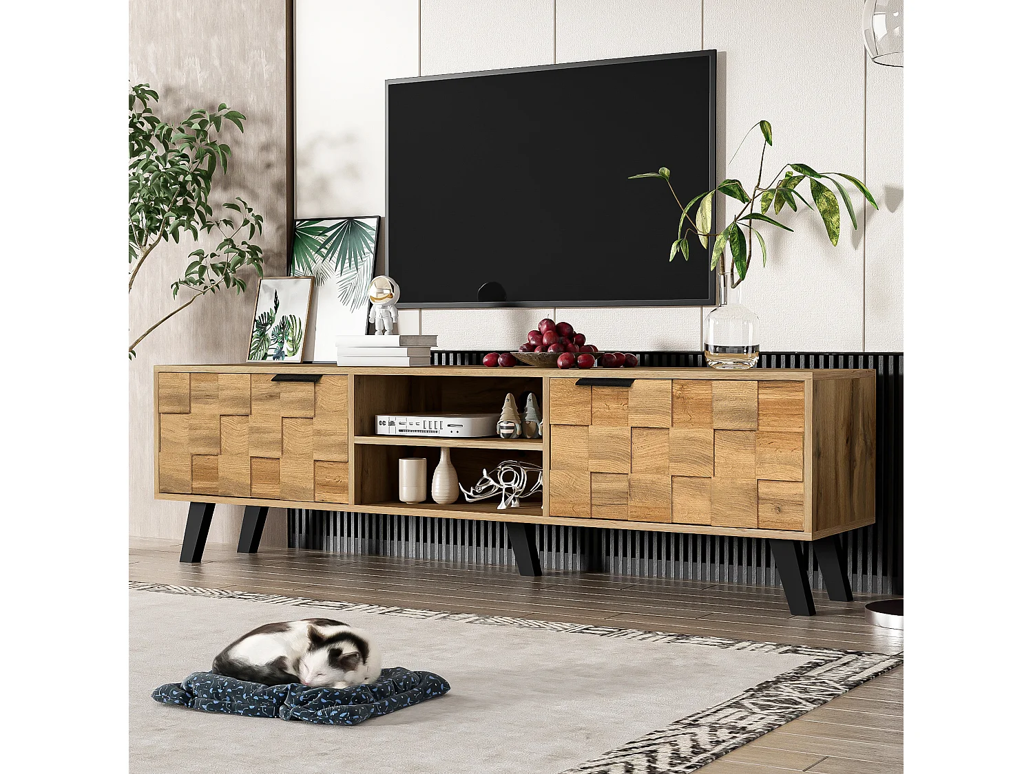 Modern TV stand with 2 doors and 2 open compartments - 160.5 x 35.5 x 45 cm - Particleboard - Wood color
