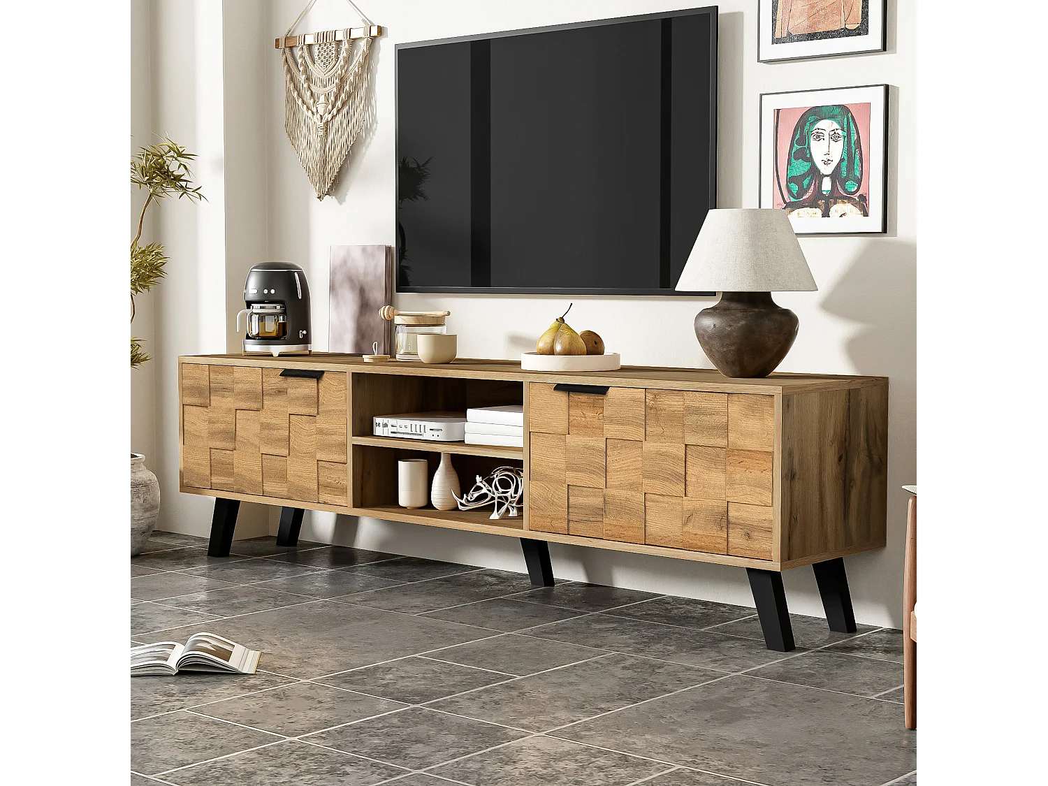 Modern TV stand with 2 doors and 2 open compartments - 160.5 x 35.5 x 45 cm - Particleboard - Wood color