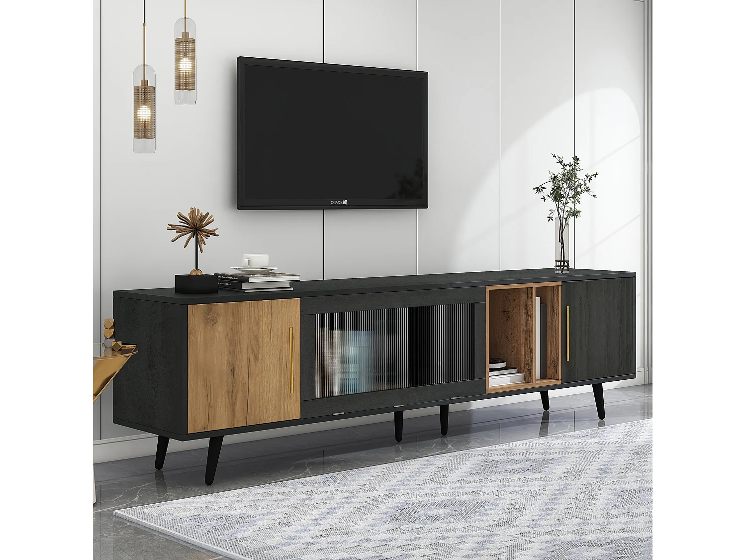 TV stand with 3 doors and 2 shelves - 200 x 40 x 55.5 cm - MDF wood - grey