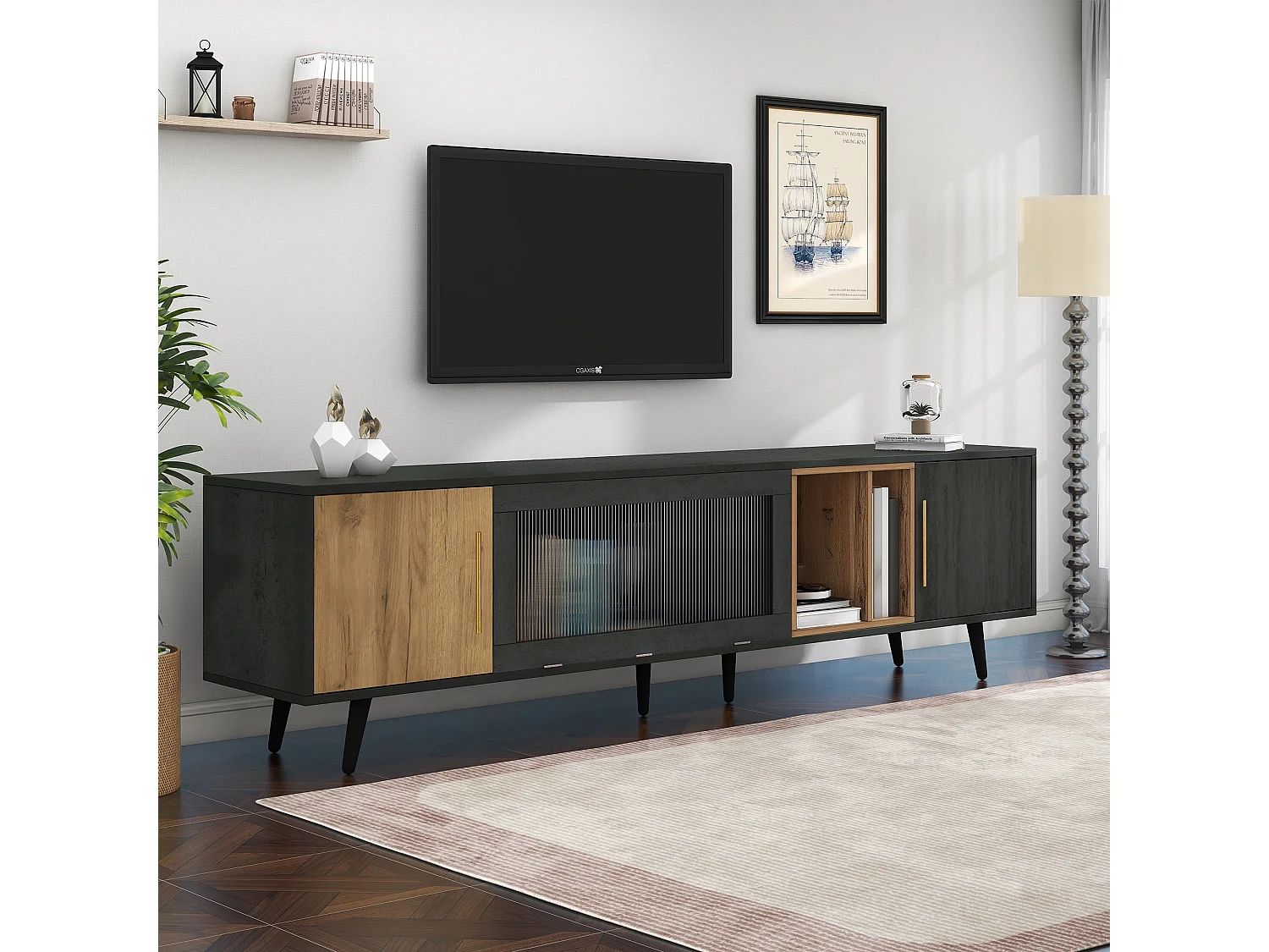 TV stand with 3 doors and 2 shelves - 200 x 40 x 55.5 cm - MDF wood - grey