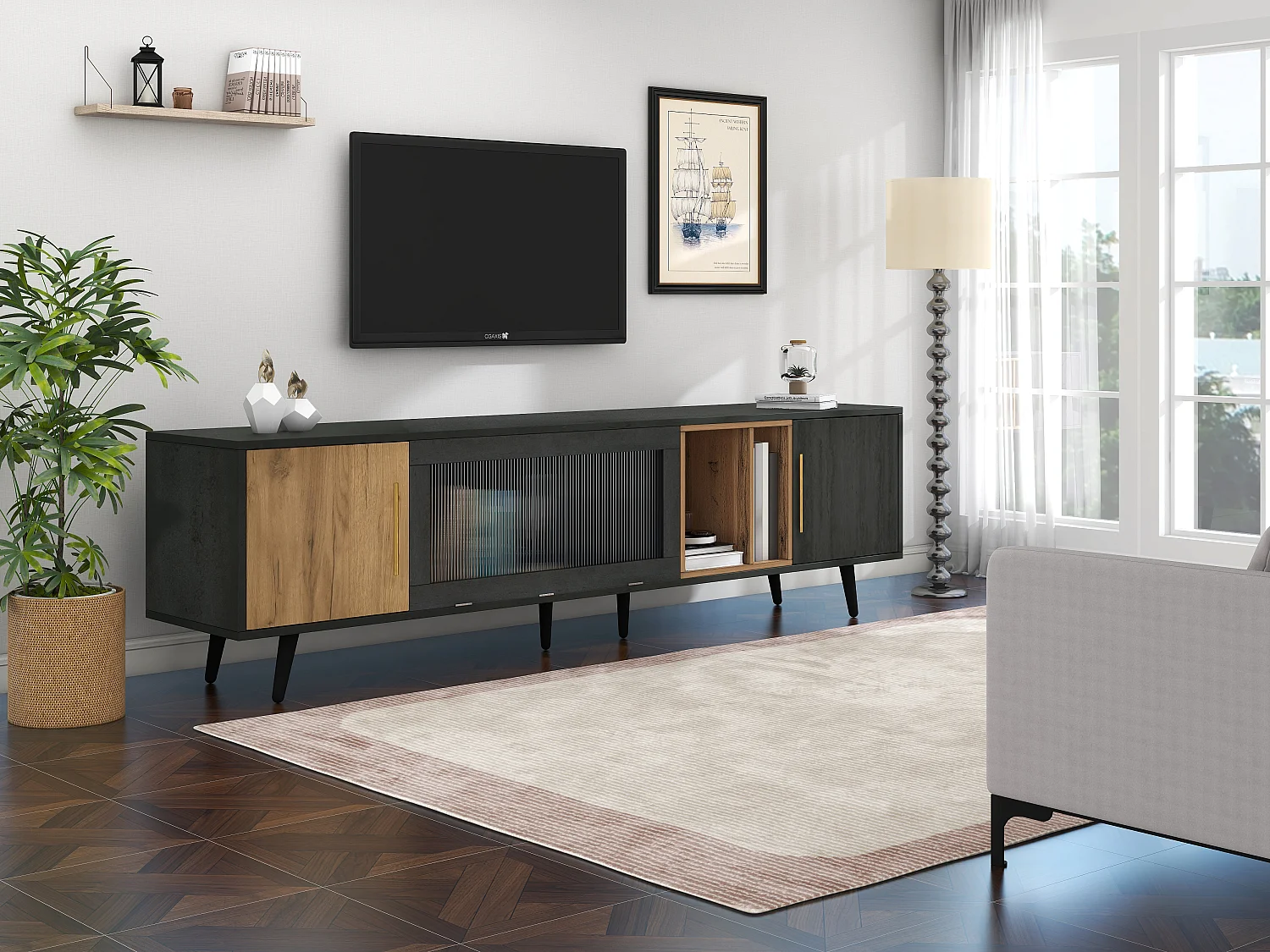 TV stand with 3 doors and 2 shelves - 200 x 40 x 55.5 cm - MDF wood - grey