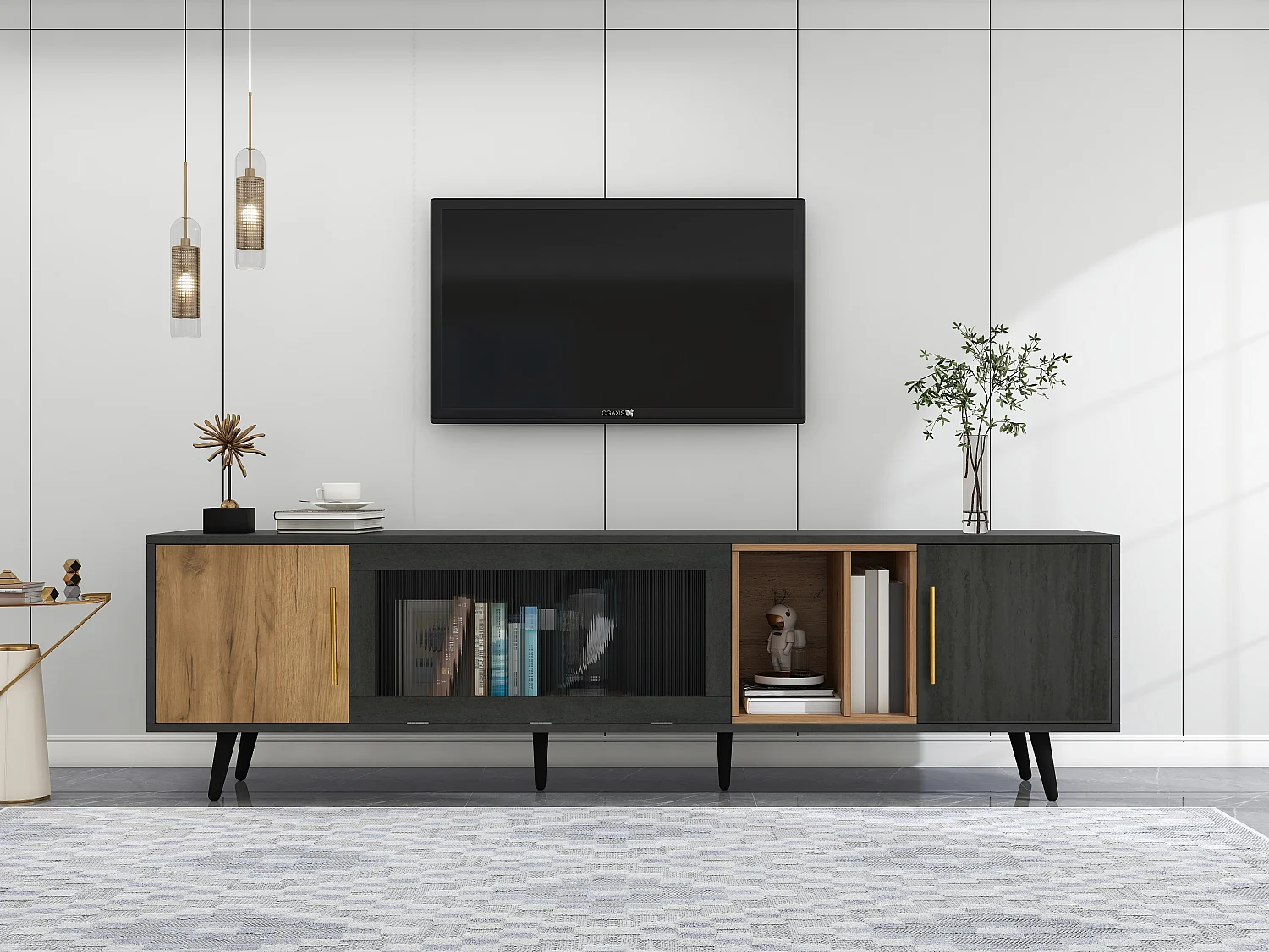 TV stand with 3 doors and 2 shelves - 200 x 40 x 55.5 cm - MDF wood - grey